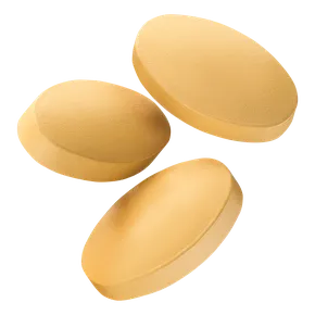 Close-up of yellow oval Tadalafil tablets, 30 count