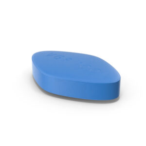 Close-up of a blue Sildenafil tablet used to treat erectile dysfunction