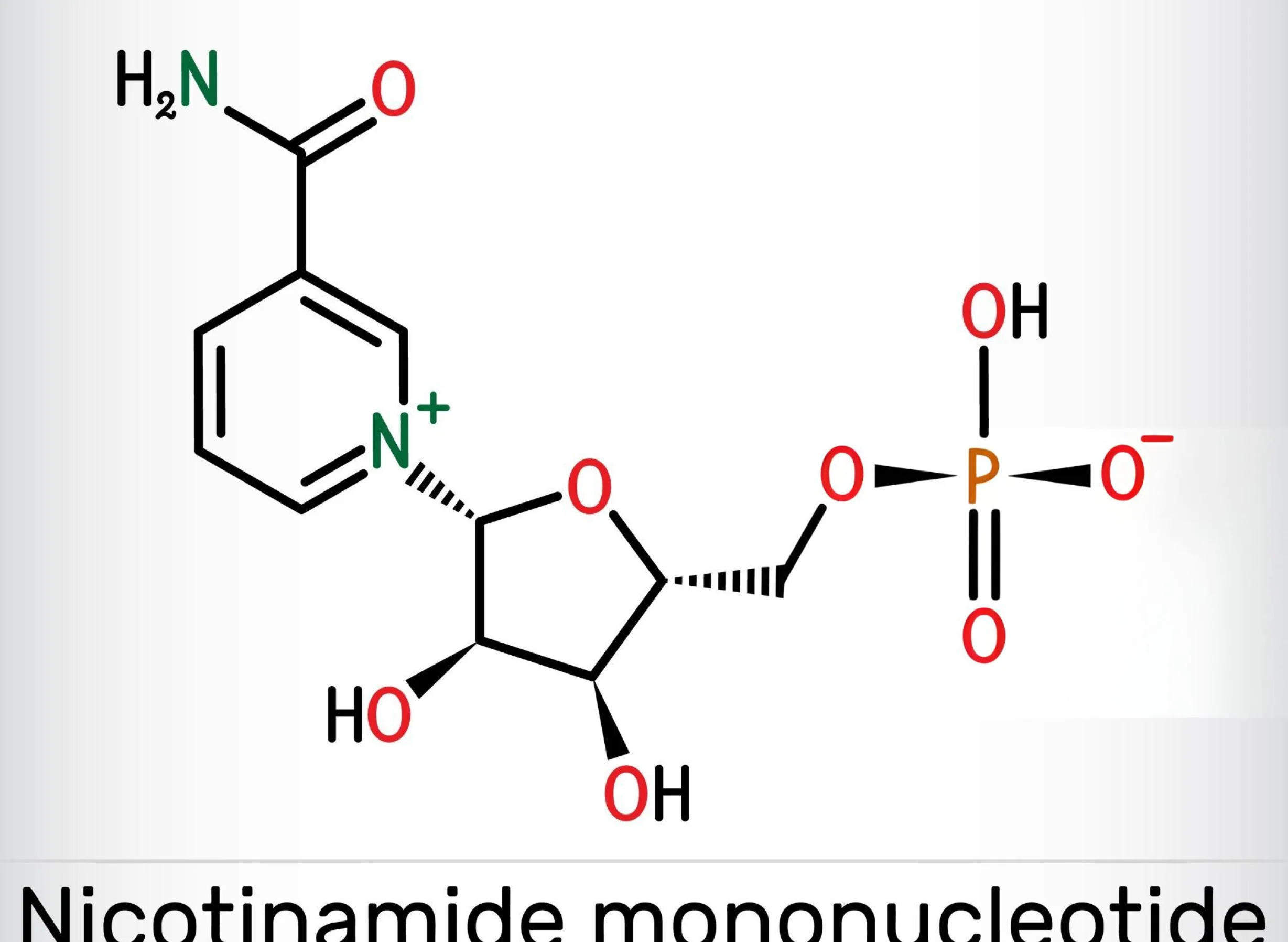 Chemical structure of Nicotinamide Mononucleotide (NMN), a key precursor to NAD+ used in cellular energy production and anti-aging supplements.