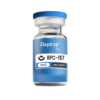 A clear glass vial with a blue cap and a label that reads "Daytryp rx BPC-157 5MG ≥98% PURITY".