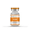 A clear glass vial with an orange cap and label that reads "TB-500 99% Purity Research Use Only 10 MG".