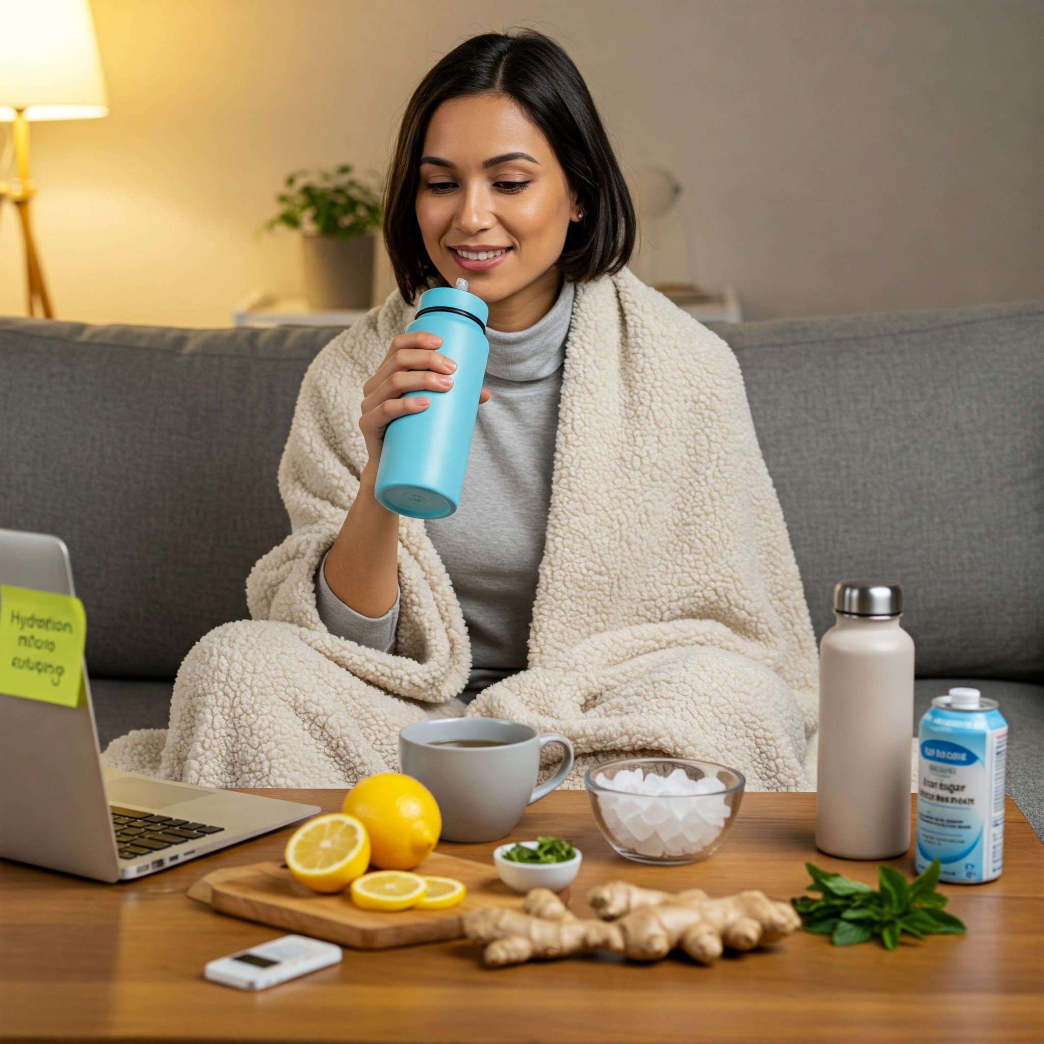 Woman staying hydrated at home with tea, water, and healthy ingredients – Daytryp RX wellness tips