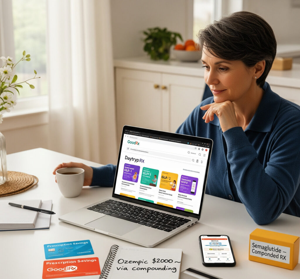 Woman researching affordable GLP-1 weight loss treatments on Daytryp RX – options for uninsured patients