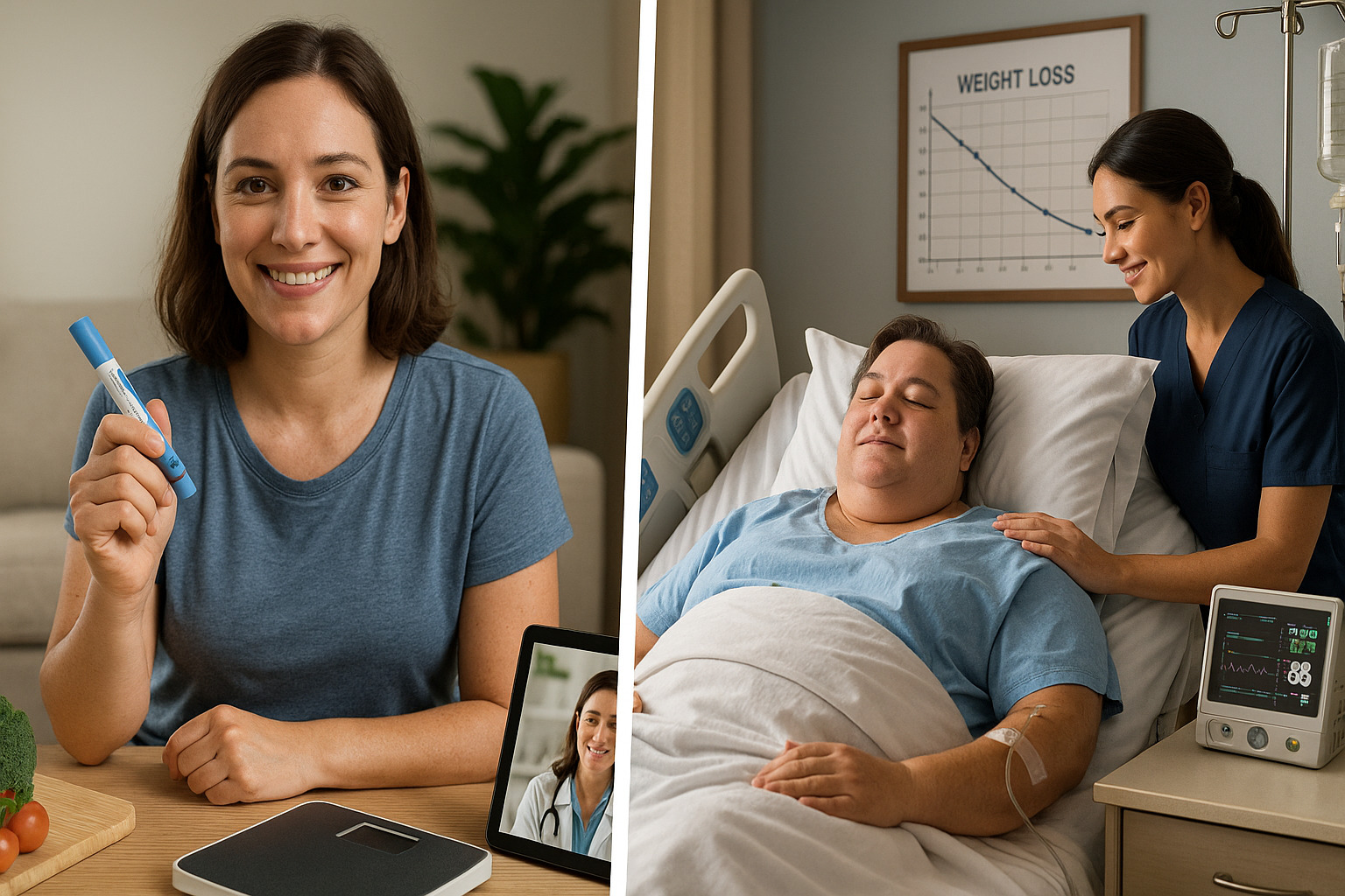 Side-by-side image showing a smiling woman holding a GLP-1 injection pen and a patient recovering in a hospital bed after bariatric surgery, highlighting different weight loss options.