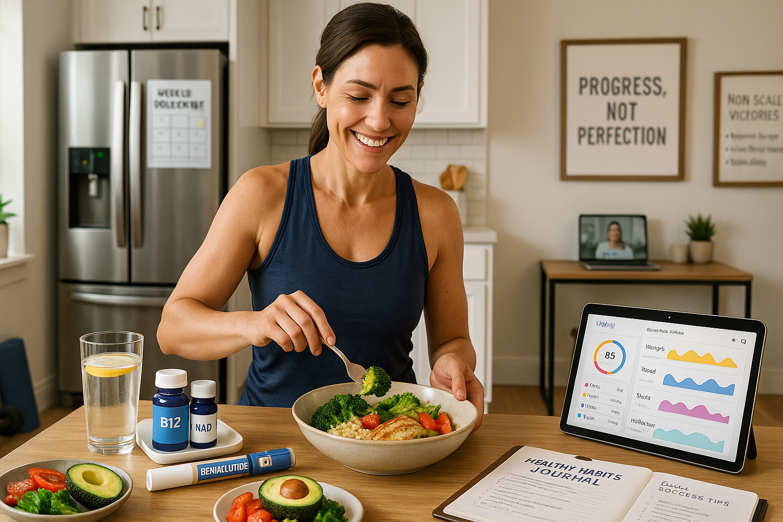 Smiling woman enjoying a healthy meal with GLP-1 semaglutide pen, B12 and NAD+ supplements, and wellness tracking app on tablet.