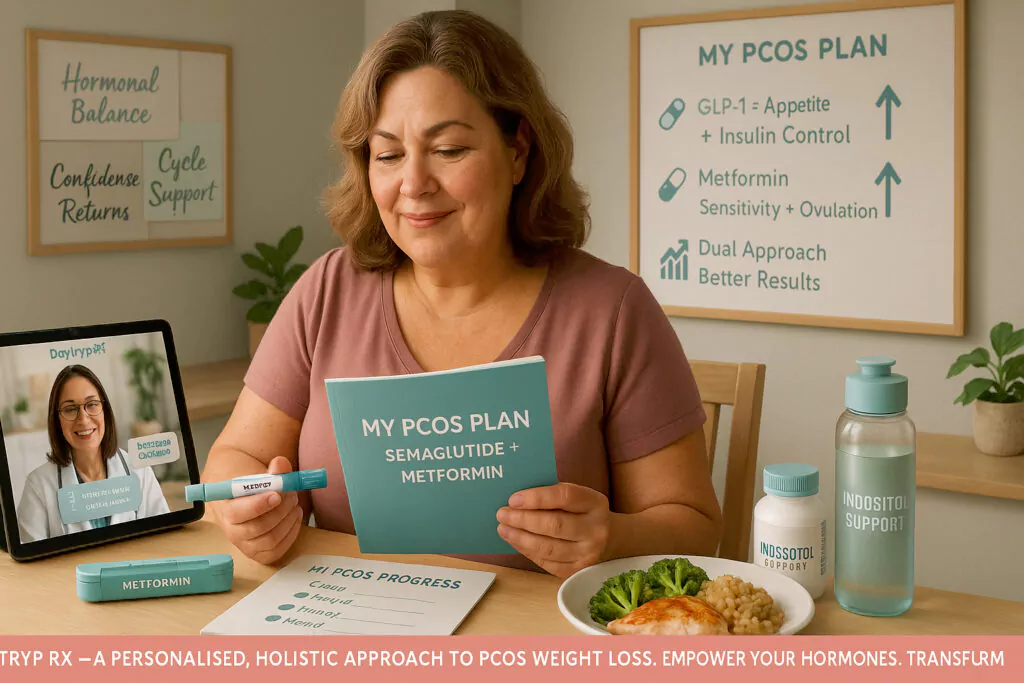 Woman reviewing PCOS treatment plan combining GLP-1 therapy and metformin for weight loss and hormone balance.