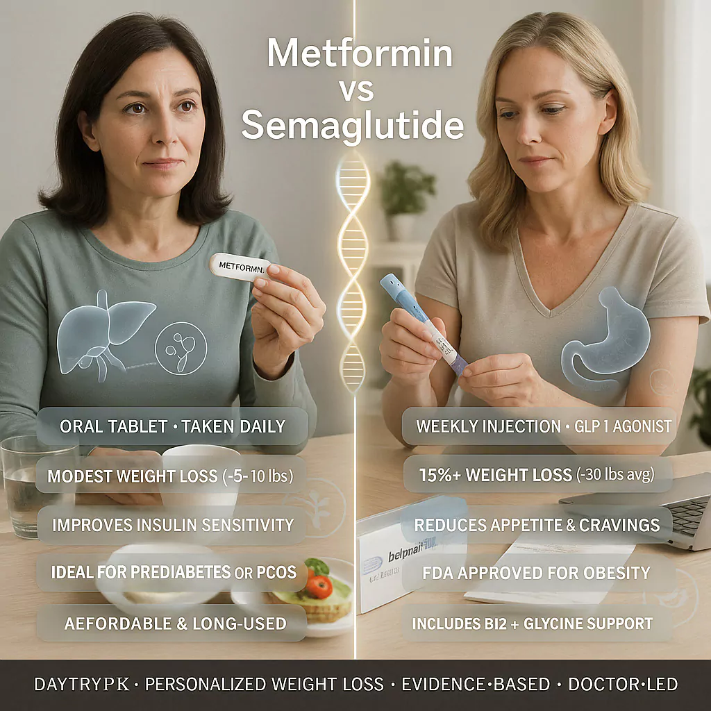 Split-panel infographic titled "Metformin vs Semaglutide" comparing two women, one holding a metformin tablet and one holding an injection pen, with feature bullets listed under each.
