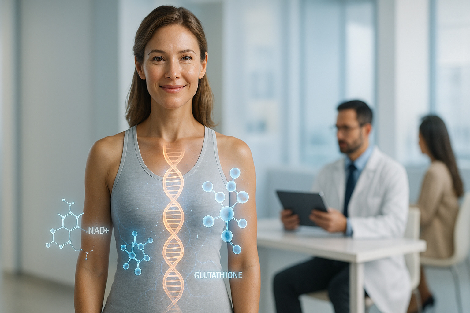 Smiling woman in a grey tank top in a bright medical clinic, with glowing DNA and molecule illustrations labeled NAD+ and Glutathione overlaid on her body.