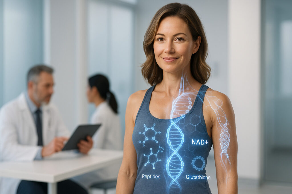 Confident woman standing in a medical clinic with holographic molecular overlays labeled Peptides, NAD+, and Glutathione, a clinician consulting in the background.