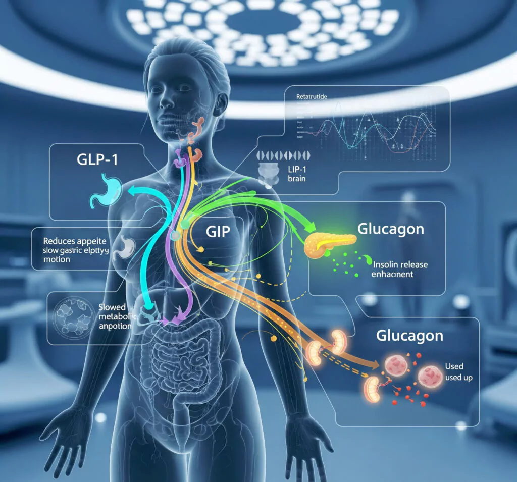 retatrutide-mechanism-glp1-gip-glucagon - Daytryp RX diagram showing how retatrutide targets GLP-1, GIP, and glucagon pathways in the body