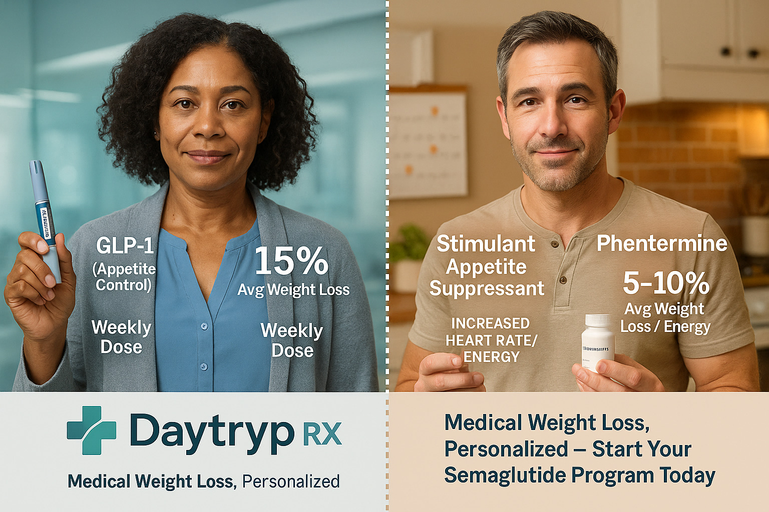 Semaglutide vs phentermine comparison showing weight loss results and treatment differences
