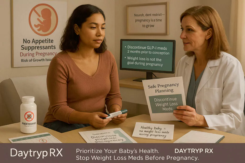 Doctor discussing with patient about stopping weight loss medications before pregnancy for safety and proper planning.