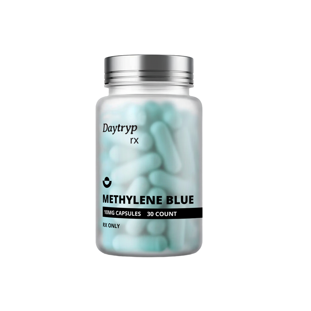 Bottle of Daytryp RX Methylene Blue 10mg capsules, 30 count