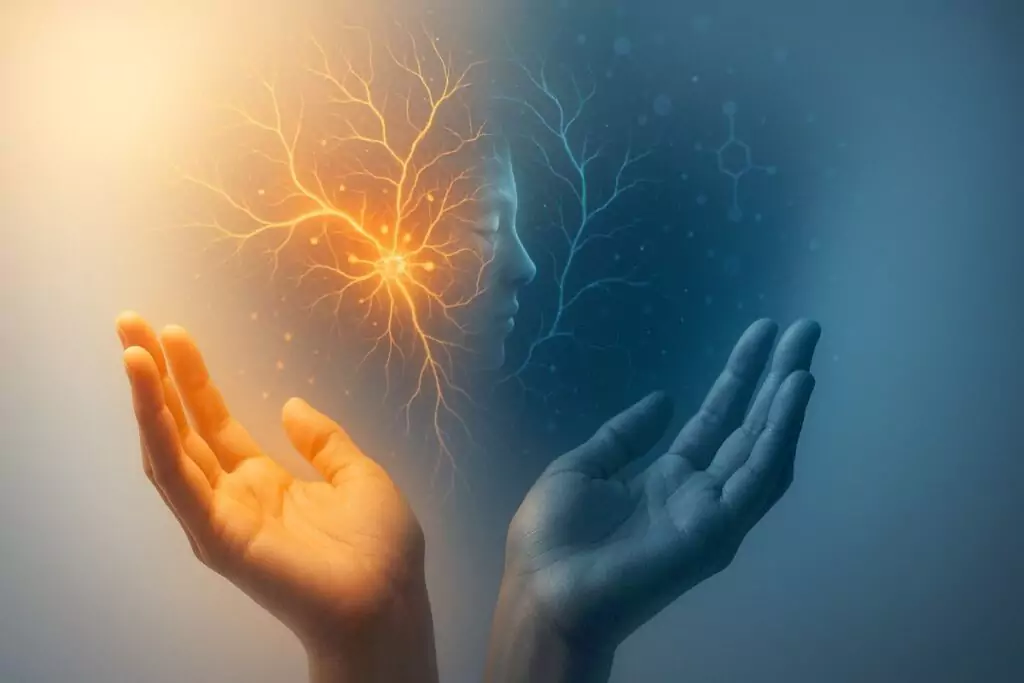 Two open hands facing upward, one warm-toned and one cool-toned, with a glowing neural tree between them representing balance. 