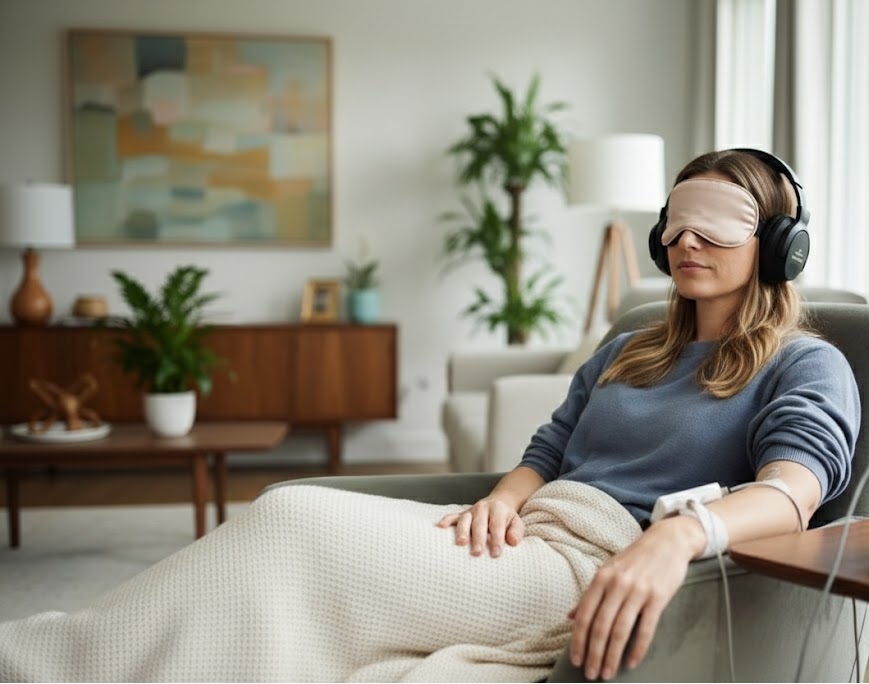 A patient receiving for at-home ketamine treatment