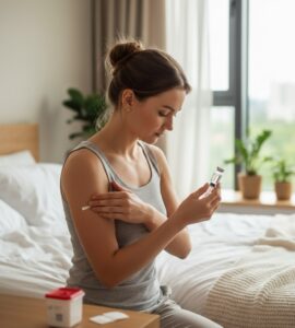 A woman safely administering a glutathione injection at home