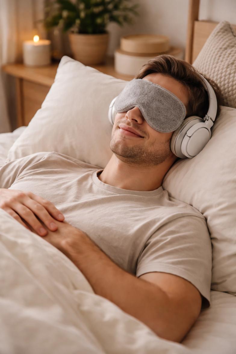 A person laying in bed with an eye mask and headphones on