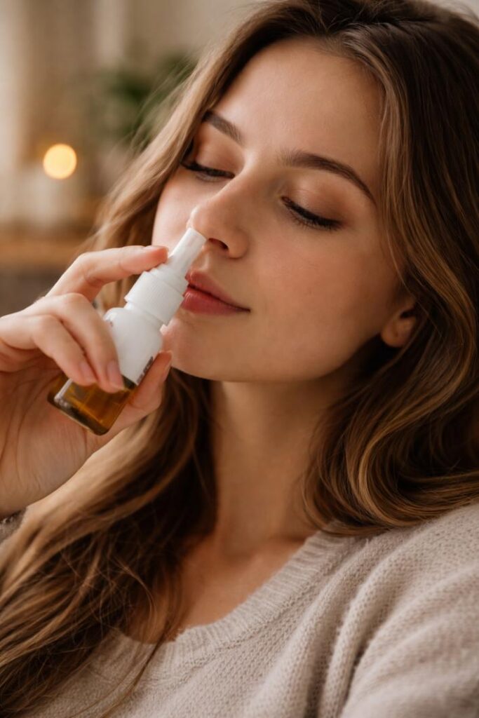 A person using a nasal spray