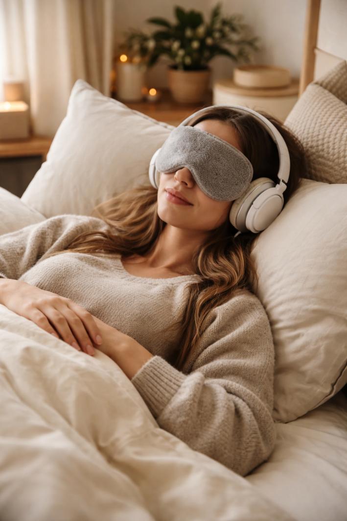 A person wearing eye mask and headphones laying in bed