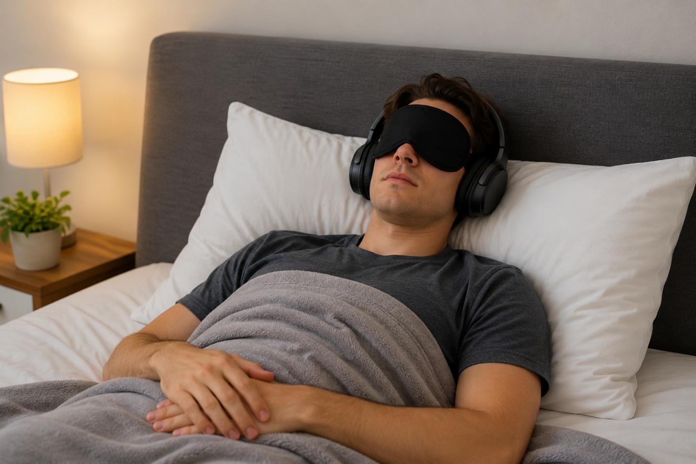 A person lying in bed with a sleep mask and headphones