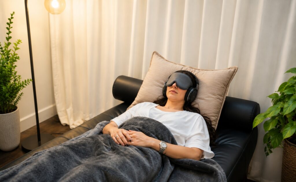 A person lying in bed with sleep mask and headphones