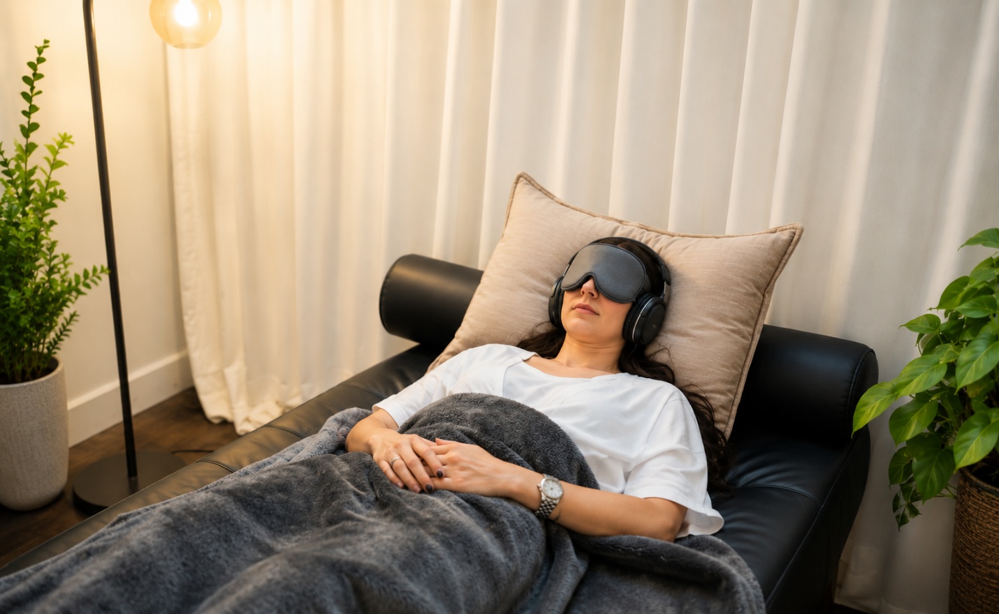 A person lying in bed with sleep mask and headphones