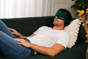 A person resting with a sleep mask and headphones