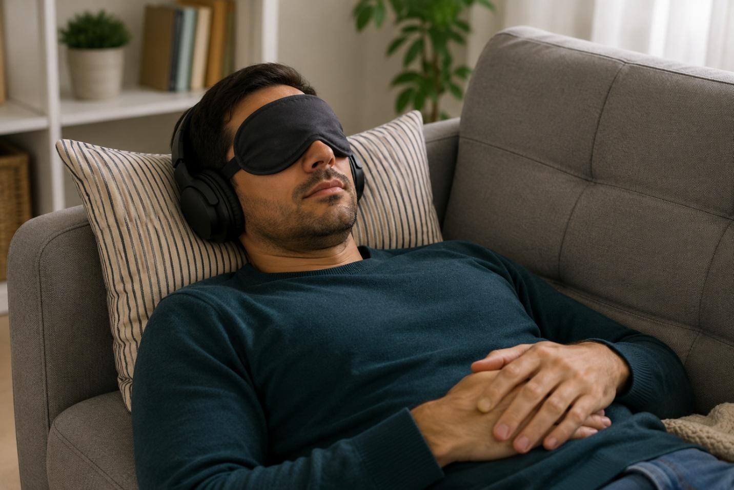 A person resting with a sleep mask and headphones