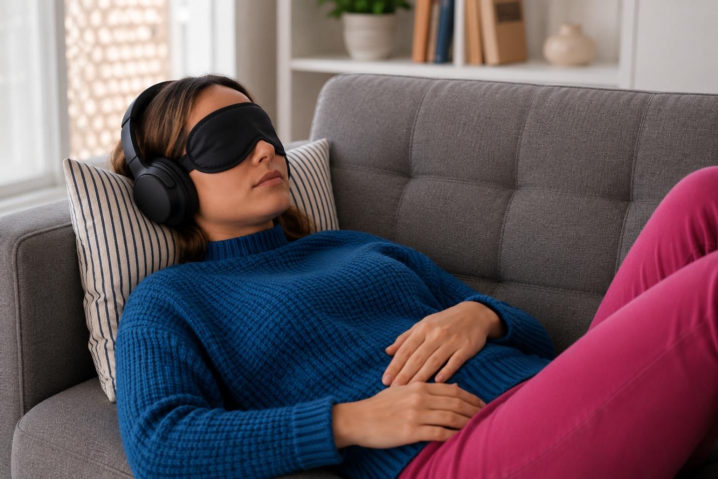 A person resting with a sleep mask and headphones