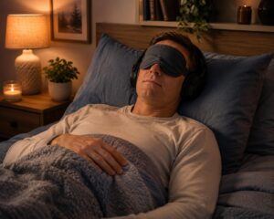 A person resting in bed with a sleep mask and headphones