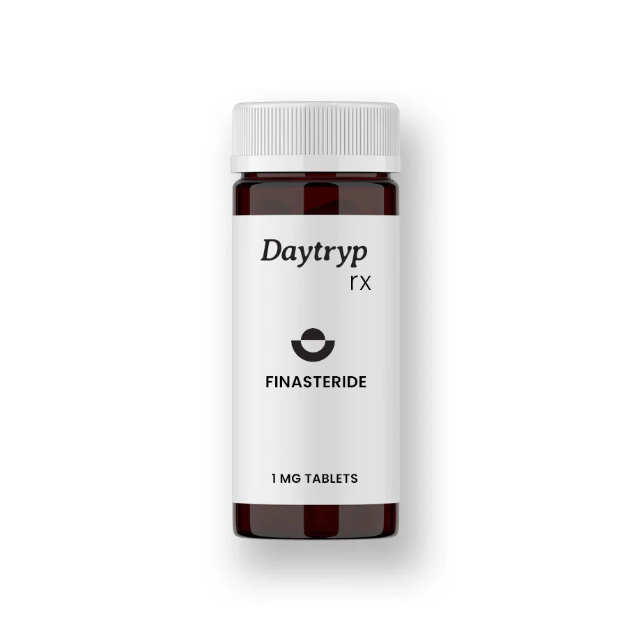Amber bottle labeled Daytryp Rx finasteride 1 mg tablets.