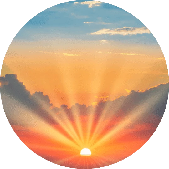 A circular image of a sunrise with sun rays extending upwards through clouds.