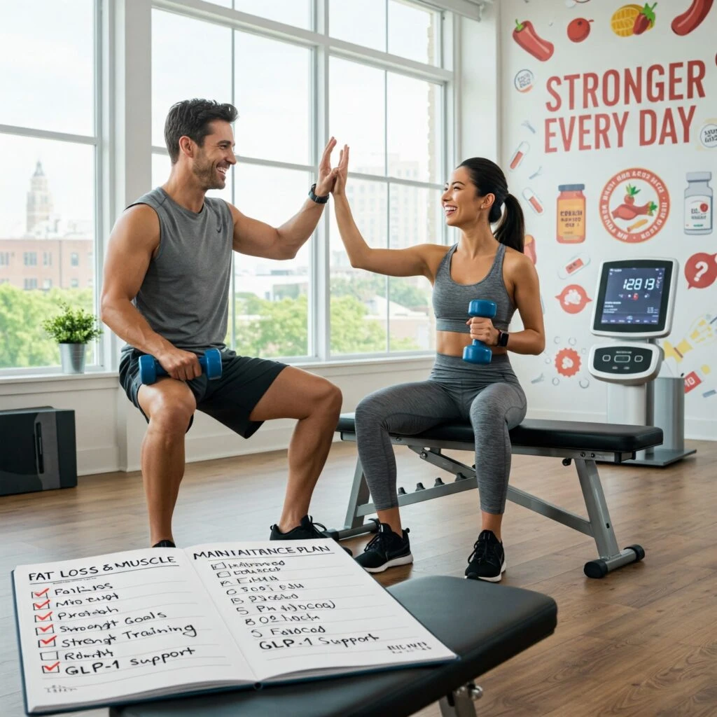 Man and woman high-fiving during a workout – Fat loss and muscle maintenance plan with GLP-1 support