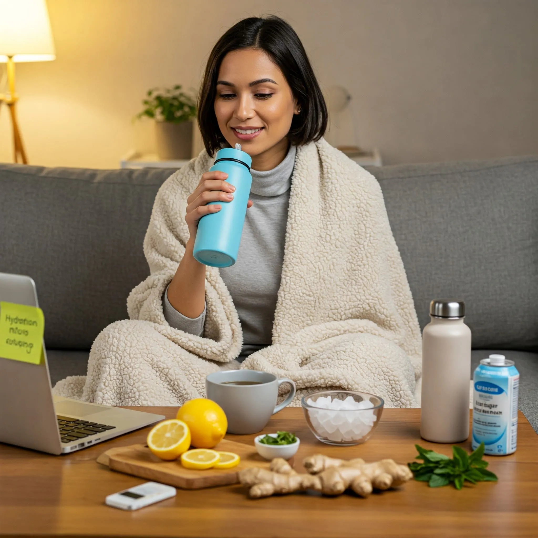 Woman staying hydrated at home with tea, water, and healthy ingredients – Daytryp RX wellness tips