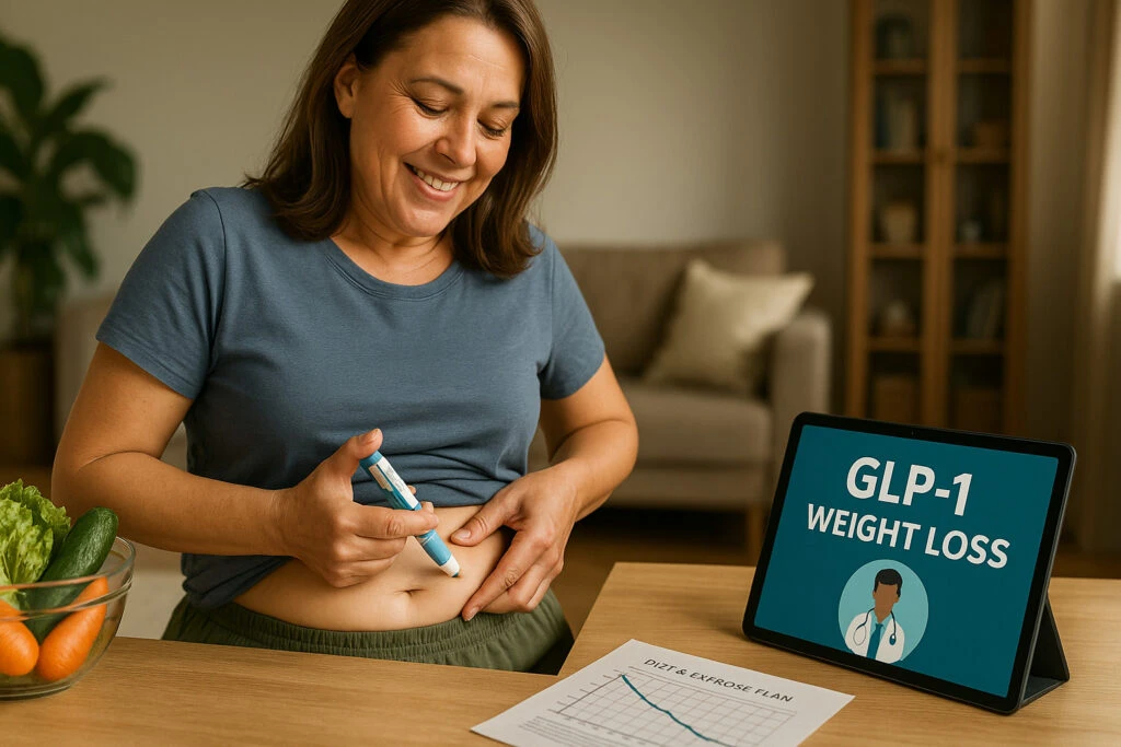 Smiling woman self-administering a GLP-1 weight-loss injection at home, with a tablet displaying ‘GLP-1 Weight Loss’ and a healthy meal plan on the table.
