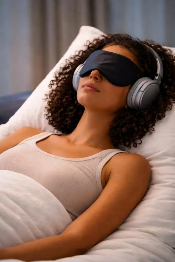 A person lying in bed wearing eye mask and headphones 