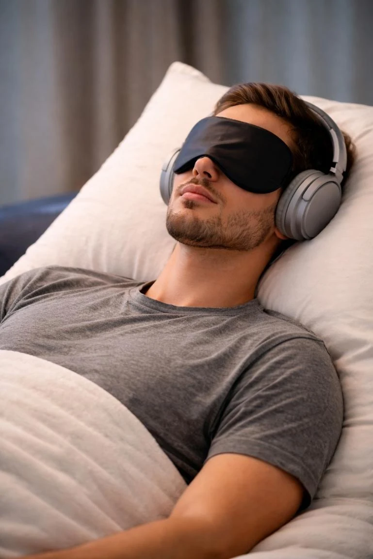 A man lying in bed wearing eye mask and headphones