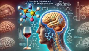 Illustration of the brain and nervous system highlighting areas related to substance and alcohol addiction, including the Nucleus Accumbens and Ventral Tegmental Area, with chemical structures shown.