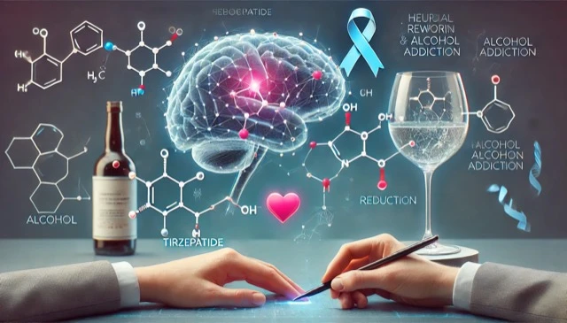 A modern and scie ntific illustration representing how tirzepati de can help treat substance abuse, particularly alcohol addiction. - Daytryp RX A modern and scie ntific illustration representing how tirzepati de can help treat substance abuse, particularly alcohol addiction.