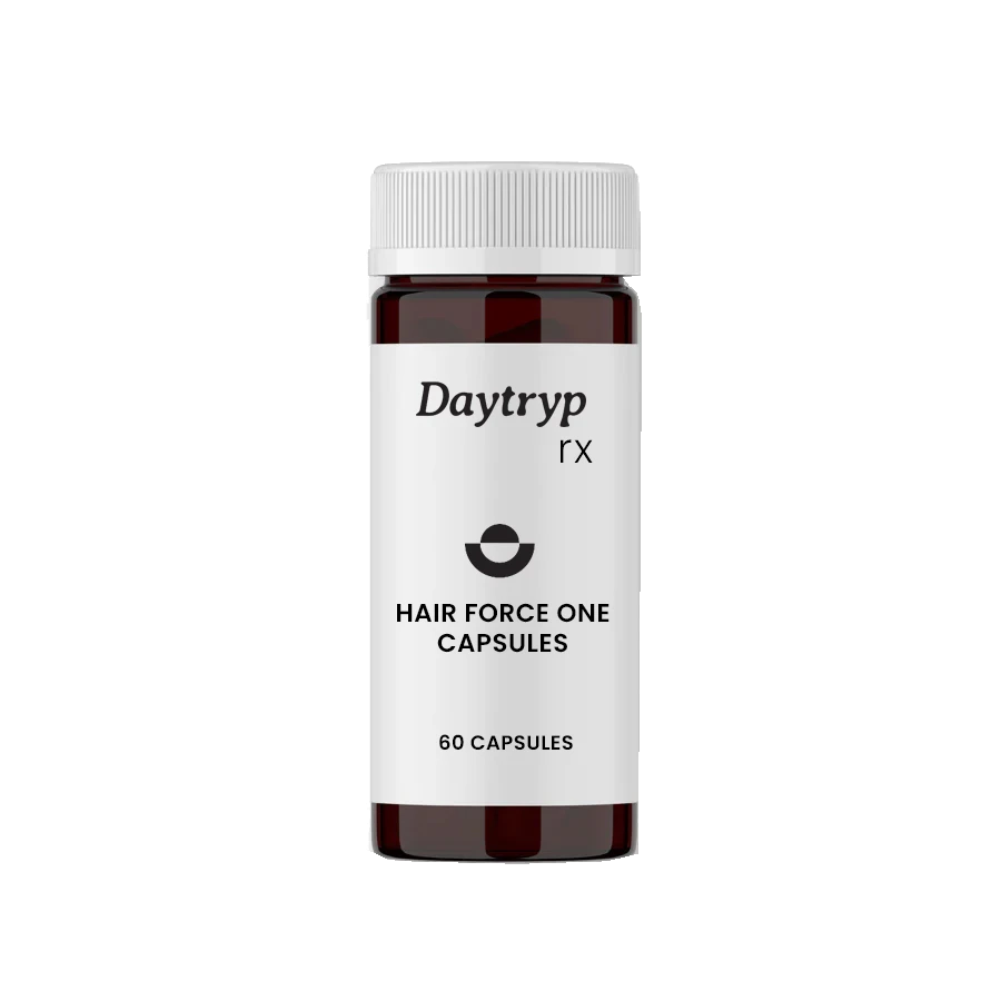 Amber glass bottle of Daytryp rx Hair Force One Capsules, 60 Capsules.