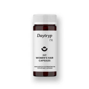 Amber glass bottle of Daytryp rx Ivy Women's Hair Capsules, containing Minoxidil, Dutasteride, and Biotin.