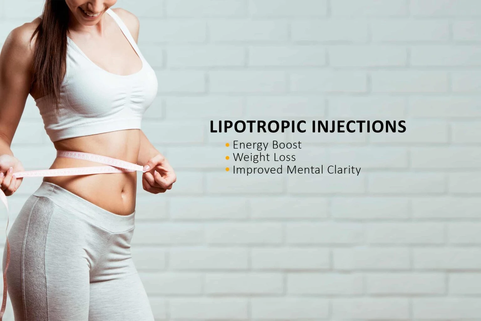 Fit woman measuring her waist with a tape measure next to text promoting lipotropic injections for energy boost, weight loss, and improved mental clarity.