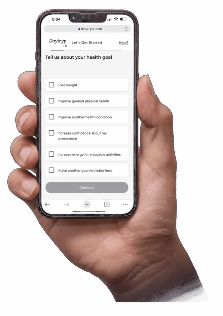 Product Cat - Weight Loss 9 - Daytryp RX Hand holding a smartphone displaying a Daytryp.com health goal questionnaire with options like Lose weight, Improve general physical health, and Increase energy.