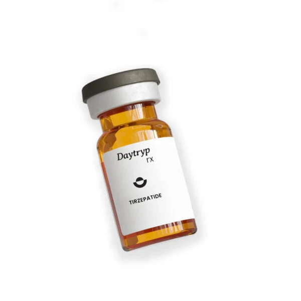 Clear glass vial with label reading "Daytryp rx TIRZEPATIDE".
