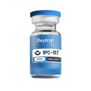 A clear glass vial with a blue cap and a label that reads "Daytryp rx BPC-157 5MG ≥98% PURITY".