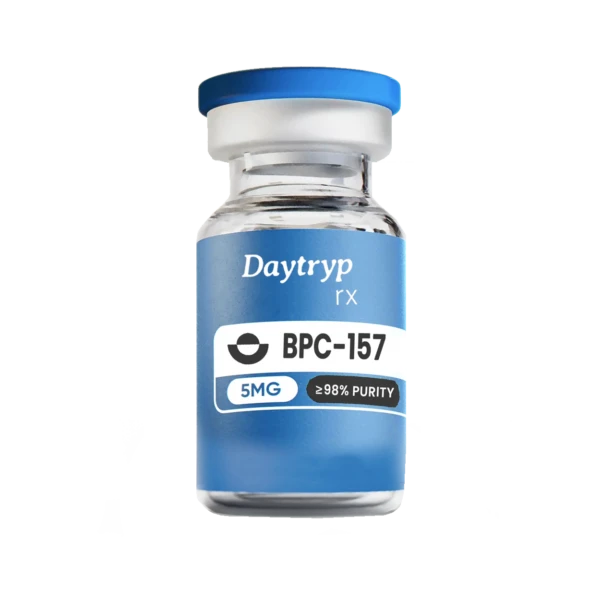 A clear glass vial with a blue cap and a label that reads "Daytryp rx BPC-157 5MG ≥98% PURITY".