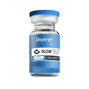 A clear glass vial with a blue cap and a label that reads "Daytryp rx GLOW BPC-157 GHK-CU TB-500 10MG/50MG/10MG ≥98% PURITY".