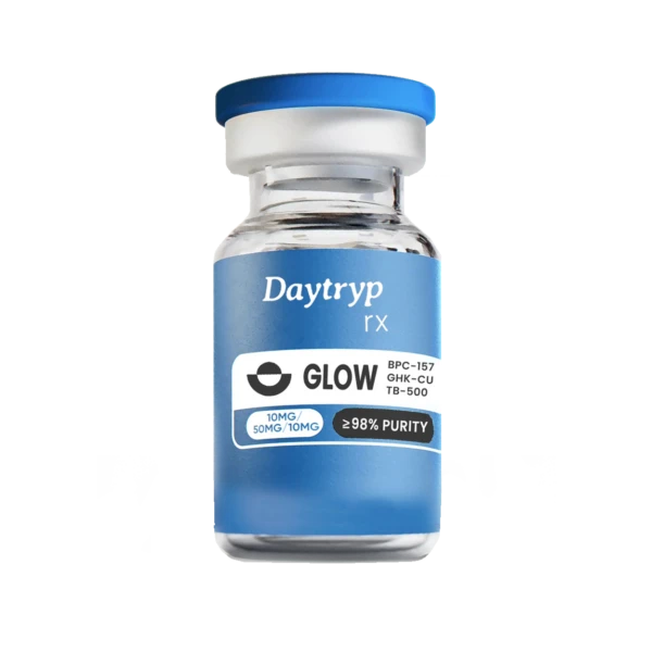 A clear glass vial with a blue cap and a label that reads "Daytryp rx GLOW BPC-157 GHK-CU TB-500 10MG/50MG/10MG ≥98% PURITY".