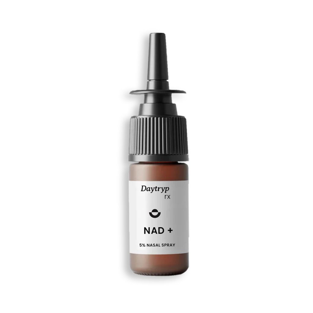 A nasal spray bottle with a label that reads "Daytryp rx NAD+ 5% NASAL SPRAY".