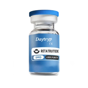 A clear glass vial with a blue cap and a label that reads "Daytryp rx RETATRUTIDE 5MG ≥98% PURITY".